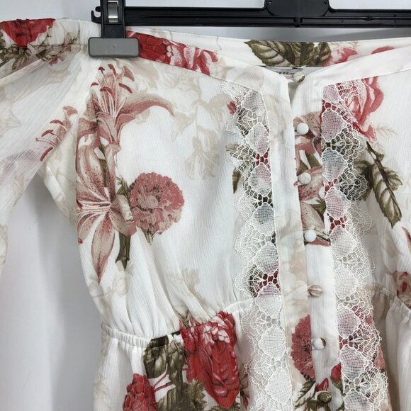 NWT Guess White & Red Floral Long sleeve Button Up Smocked Waist Cold Shoulder S - Picture 7 of 16